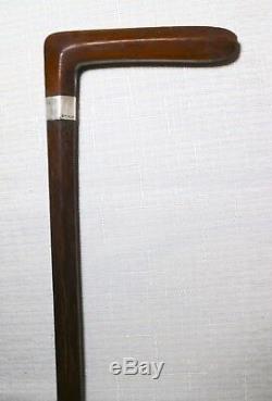 Antique 1800's hand carved made sterling silver Folk Art wood walking stick cane