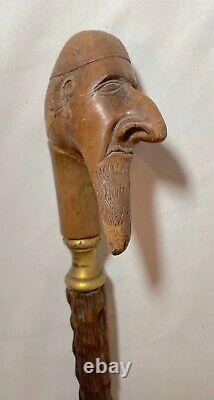 Antique 1800's hand carved man figural wood brass Folk Art walking stick cane