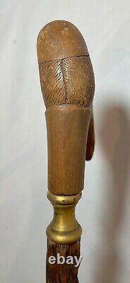 Antique 1800's hand carved man figural wood brass Folk Art walking stick cane