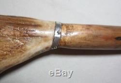 Antique 1800s Victorian sterling silver carved stag horn wood walking stick cane