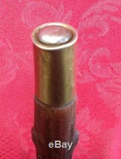 Antique 1820's Cane Walking Stick Coin Silver Band Carved Antler Handle Knob 34