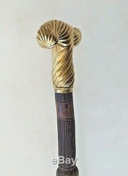 Antique 1837 Y. Paris 18k. Gold Hard Carved Wood Silver Walking Stick Lizard