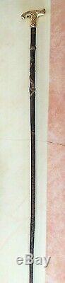 Antique 1837 Y. Paris 18k. Gold Hard Carved Wood Silver Walking Stick Lizard