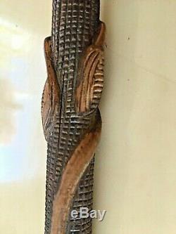 Antique 1837 Y. Paris 18k. Gold Hard Carved Wood Silver Walking Stick Lizard