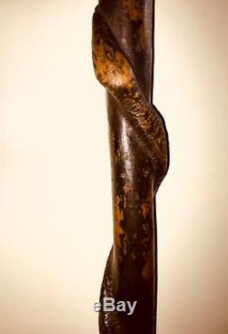 Antique 1860's American Folk-Art Figural Carved Snake Cane Walking Stick