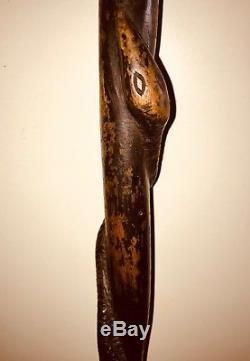 Antique 1860's American Folk-Art Figural Carved Snake Cane Walking Stick