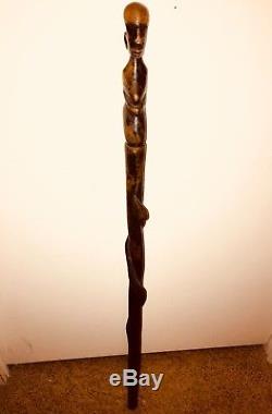 Antique 1860's American Folk-Art Figural Carved Snake Cane Walking Stick