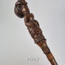 Antique 18th Century Walking Stick Handle Carved Woman Wearing Large Bustle 86cm