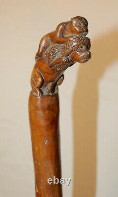 Antique 18th century hand carved wood Folk Art monkey lion walking stick cane