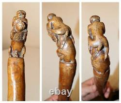 Antique 18th century hand carved wood Folk Art monkey lion walking stick cane