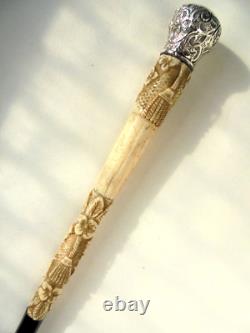 Antique 1900s Silver Carved Walking Stick Cane