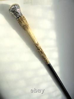 Antique 1900s Silver Carved Walking Stick Cane