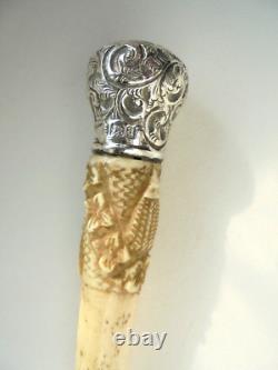 Antique 1900s Silver Carved Walking Stick Cane