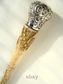 Antique 1900s Silver Carved Walking Stick Cane