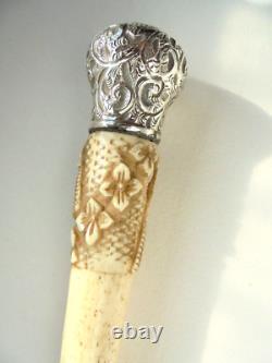 Antique 1900s Silver Carved Walking Stick Cane