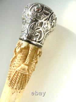 Antique 1900s Silver Carved Walking Stick Cane
