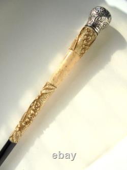 Antique 1900s Silver Carved Walking Stick Cane