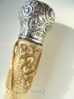 Antique 1900s Silver Carved Walking Stick Cane