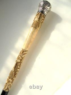 Antique 1900s Silver Carved Walking Stick Cane