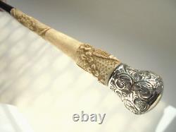 Antique 1900s Silver Carved Walking Stick Cane