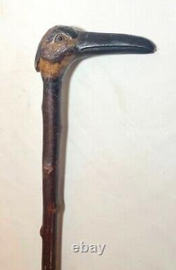 Antique 19th century hand carved bird head wood Folk Art walking stick cane iron