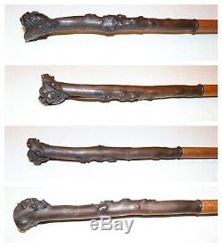Antique 19th century hand carved bulldog root wood Folk Art walking stick cane