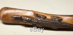 Antique 19th century hand carved wood Folk Art figural lizard walking stick cane