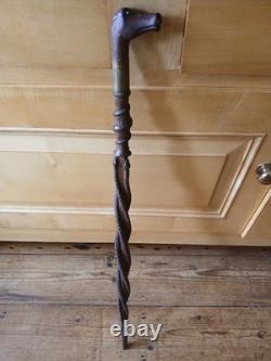 Antique 19thC Folk Art Hand-Carved Dual Snake Spiral Walking Stick Cane, 33