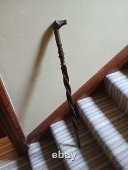 Antique 19thC Folk Art Hand-Carved Dual Snake Spiral Walking Stick Cane, 33