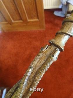 Antique 19thC Folk Art Hand-Carved Dual Snake Spiral Walking Stick Cane, 33