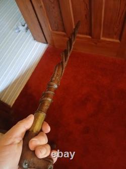 Antique 19thC Folk Art Hand-Carved Dual Snake Spiral Walking Stick Cane, 33