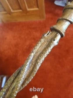 Antique 19thC Folk Art Hand-Carved Dual Snake Spiral Walking Stick Cane, 33