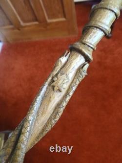 Antique 19thC Folk Art Hand-Carved Dual Snake Spiral Walking Stick Cane, 33