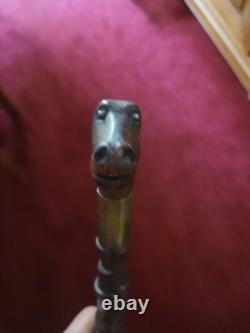 Antique 19thC Folk Art Hand-Carved Dual Snake Spiral Walking Stick Cane, 33