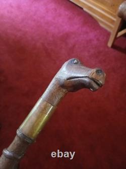 Antique 19thC Folk Art Hand-Carved Dual Snake Spiral Walking Stick Cane, 33