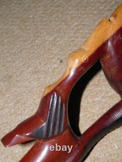 Antique 2-Tone Ebony African Walking Stick With Hand-Carved Snake & Stork -93cm