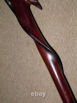 Antique 2-Tone Ebony African Walking Stick With Hand-Carved Snake & Stork -93cm