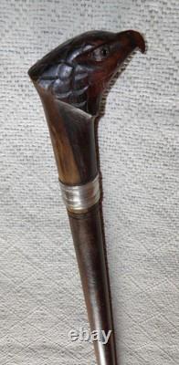 Antique 2 Tone Ebony Walking Stick Cane Hand-Carved Eagle Head Top Silver Collar