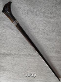 Antique 2 Tone Ebony Walking Stick Cane Hand-Carved Eagle Head Top Silver Collar
