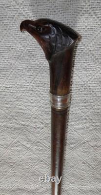 Antique 2 Tone Ebony Walking Stick Cane Hand-Carved Eagle Head Top Silver Collar