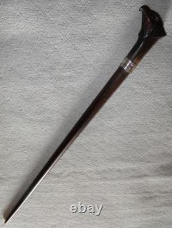 Antique 2 Tone Ebony Walking Stick Cane Hand-Carved Eagle Head Top Silver Collar