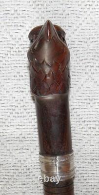 Antique 2 Tone Ebony Walking Stick Cane Hand-Carved Eagle Head Top Silver Collar