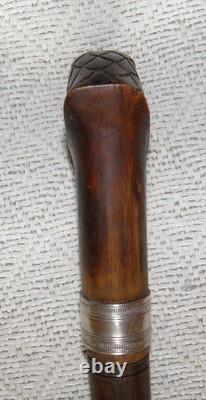 Antique 2 Tone Ebony Walking Stick Cane Hand-Carved Eagle Head Top Silver Collar