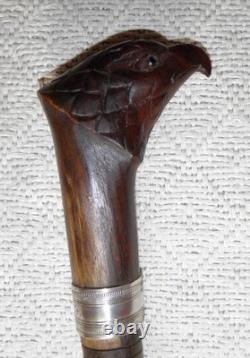 Antique 2 Tone Ebony Walking Stick Cane Hand-Carved Eagle Head Top Silver Collar