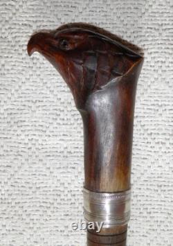 Antique 2 Tone Ebony Walking Stick Cane Hand-Carved Eagle Head Top Silver Collar