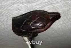 Antique 2 Tone Ebony Walking Stick Cane Hand-Carved Eagle Head Top Silver Collar