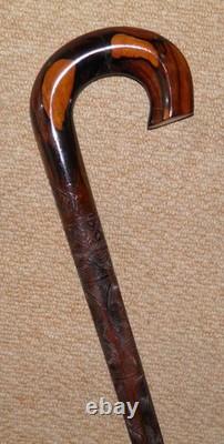 Antique 2 Tone Ebony Walking Stick / Cane Hand Carved Shaft Geometric Patterns