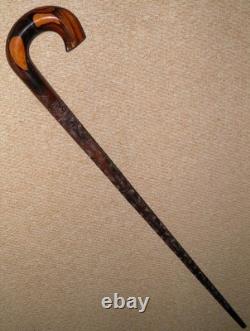 Antique 2 Tone Ebony Walking Stick / Cane Hand Carved Shaft Geometric Patterns