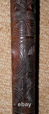Antique 2 Tone Ebony Walking Stick / Cane Hand Carved Shaft Geometric Patterns