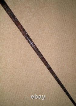 Antique 2 Tone Ebony Walking Stick / Cane Hand Carved Shaft Geometric Patterns